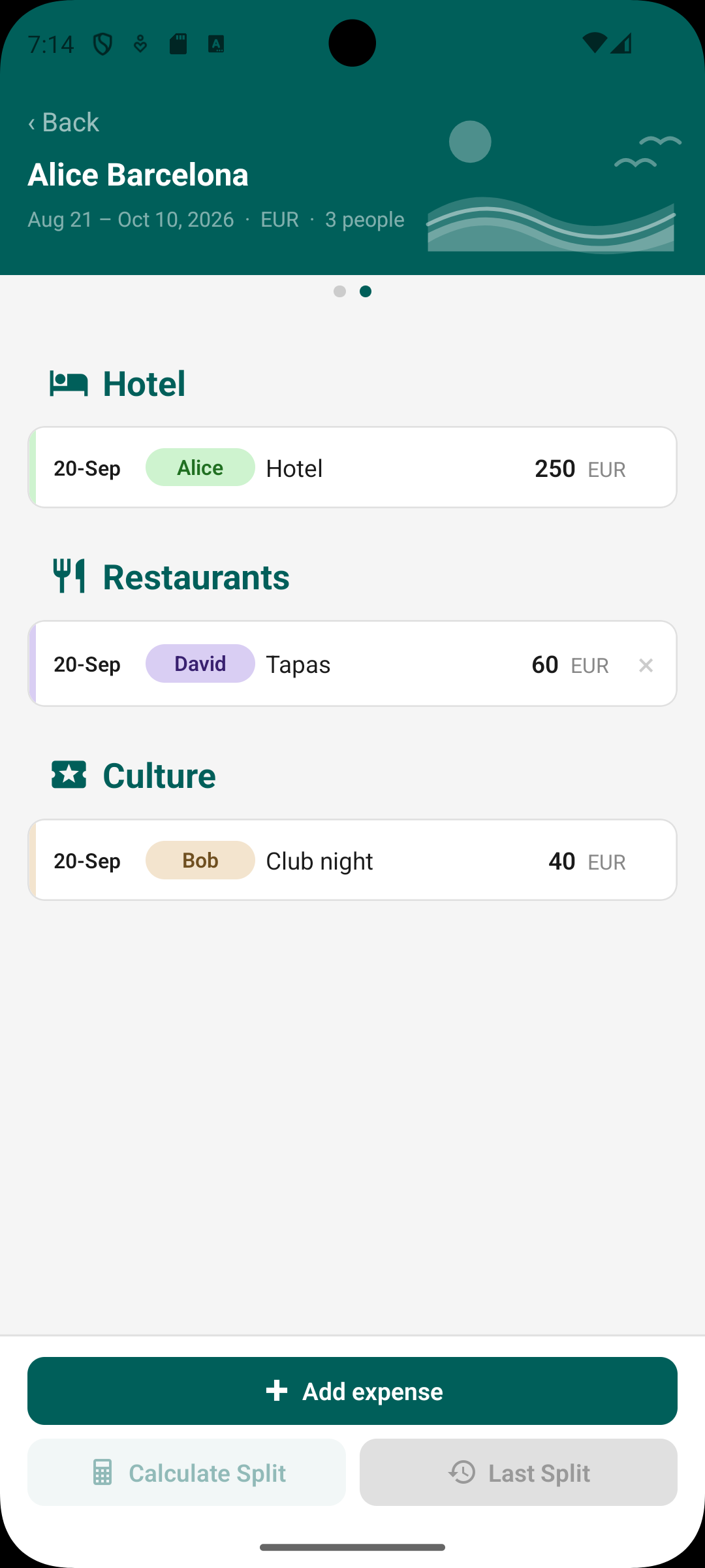 Alice Barcelona, sea theme. Expenses grouped by category: Hotel, Restaurants, Culture.