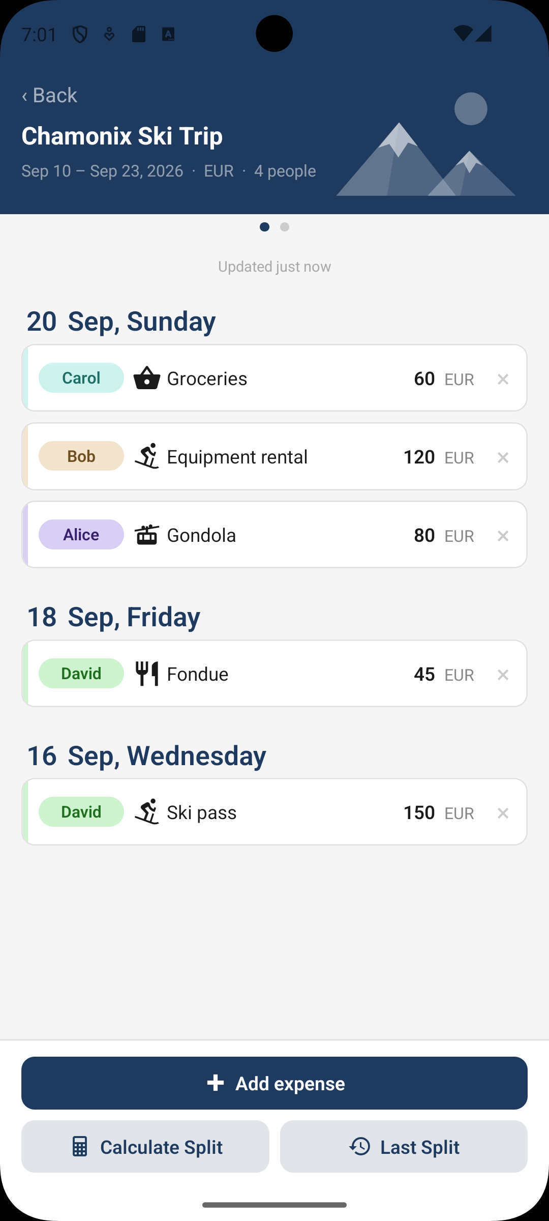 Chamonix Ski Trip, snow theme. Expenses grouped by day: 20 Sep — Groceries, Equipment rental, Gondola; 18 Sep — Fondue; 16 Sep — Ski pass.